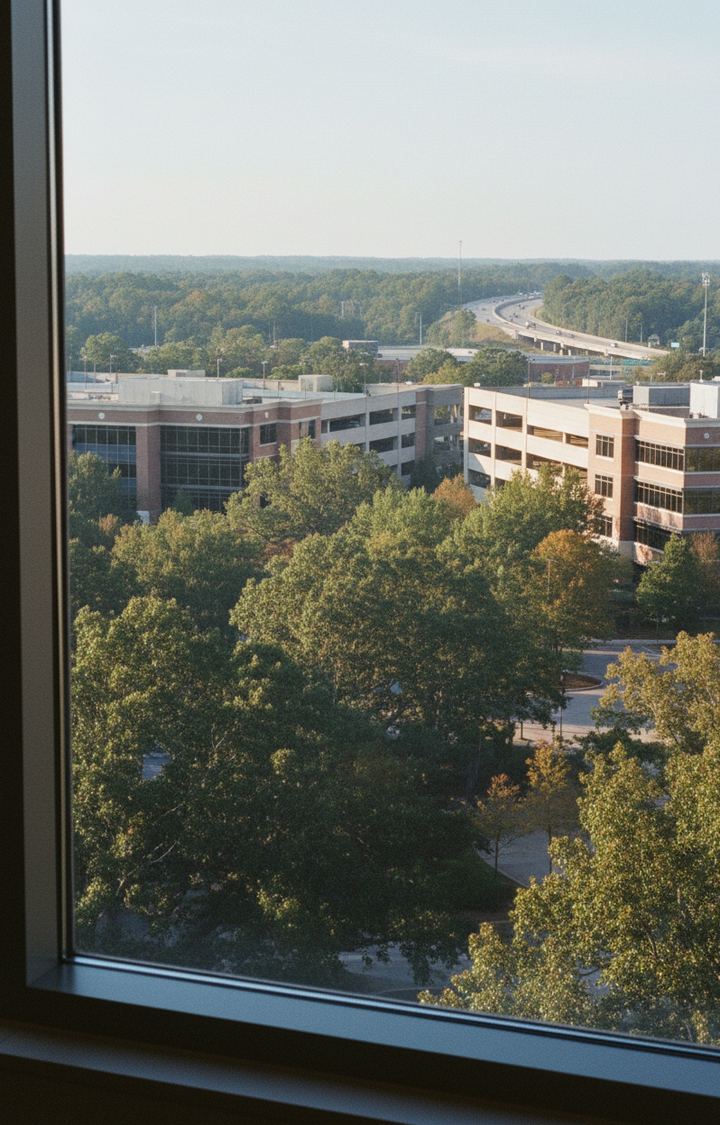 Office window view over brick office buildings, a parking deck and green treetops, with a highway curving into the distance