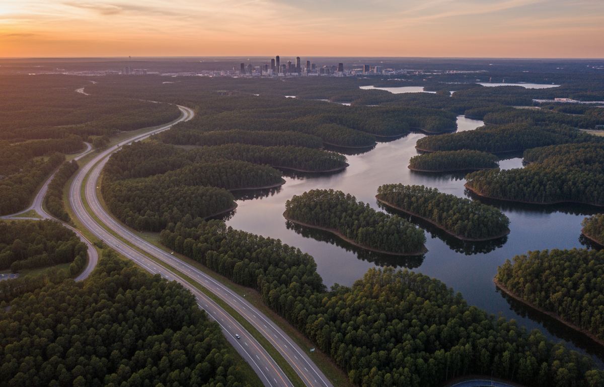 Aerial view of a highway through pine forest beside a lake with wooded islands and a distant skyline at sunset