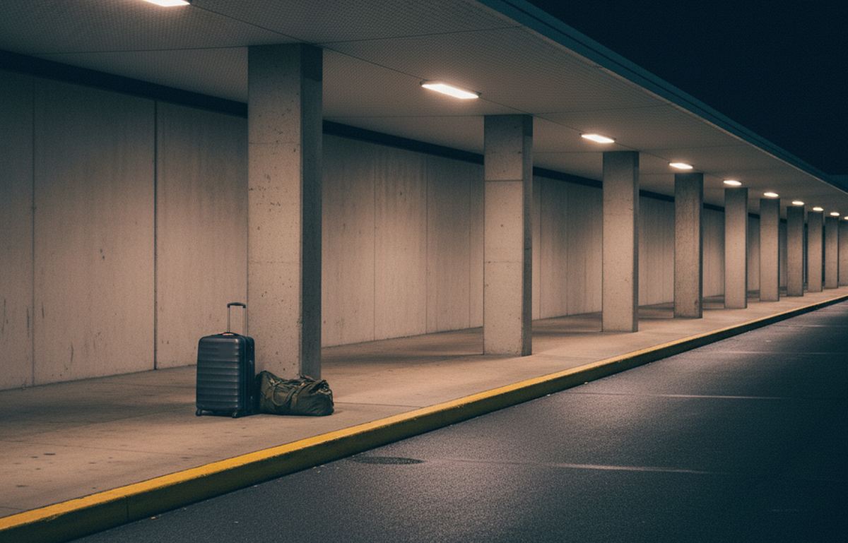 A suitcase and duffel bag wait beside a concrete column on an empty covered curb lit by ceiling lights at night