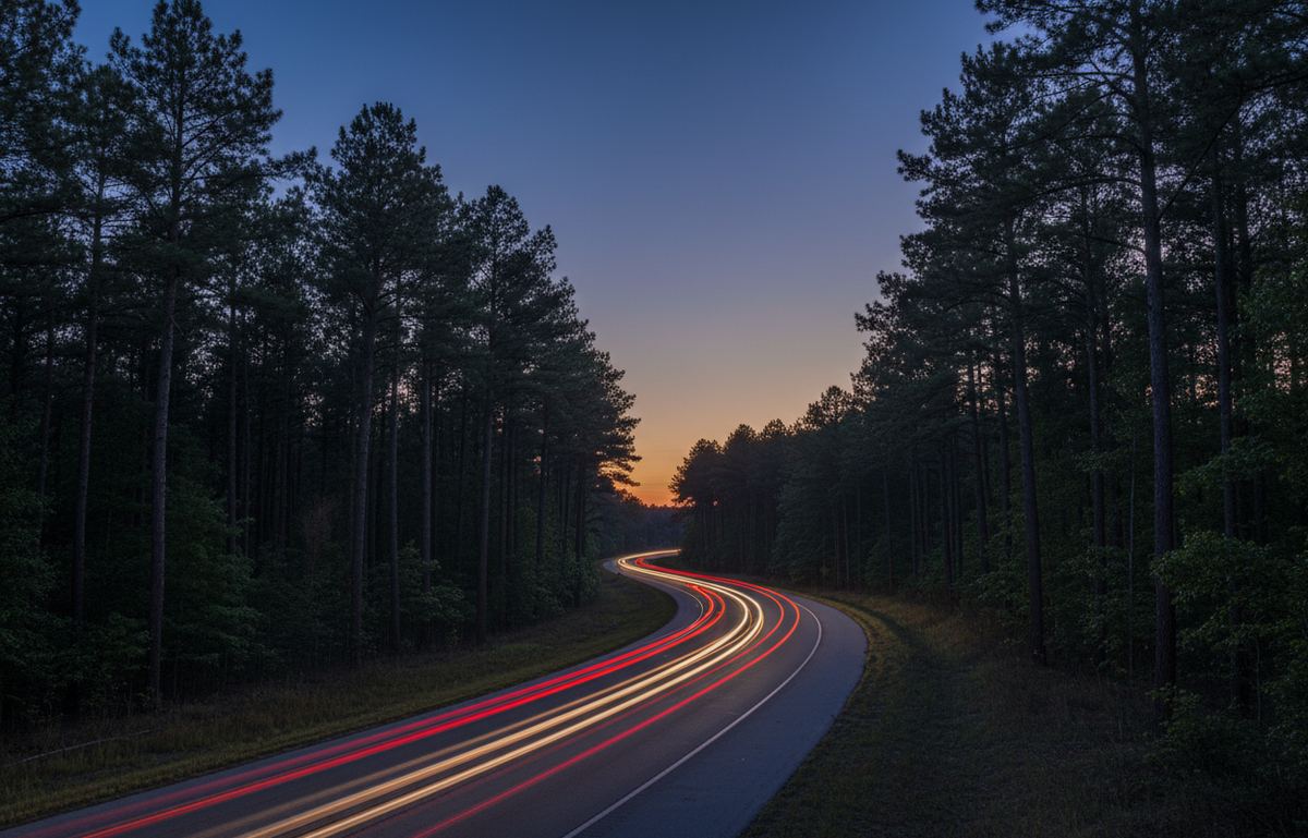 Red and white light trails sweep along a winding road through tall pine trees at dusk