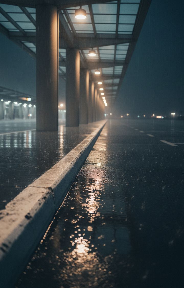 Rain falling on a concrete curb beneath a glass covered canopy at night with lights reflecting on wet pavement