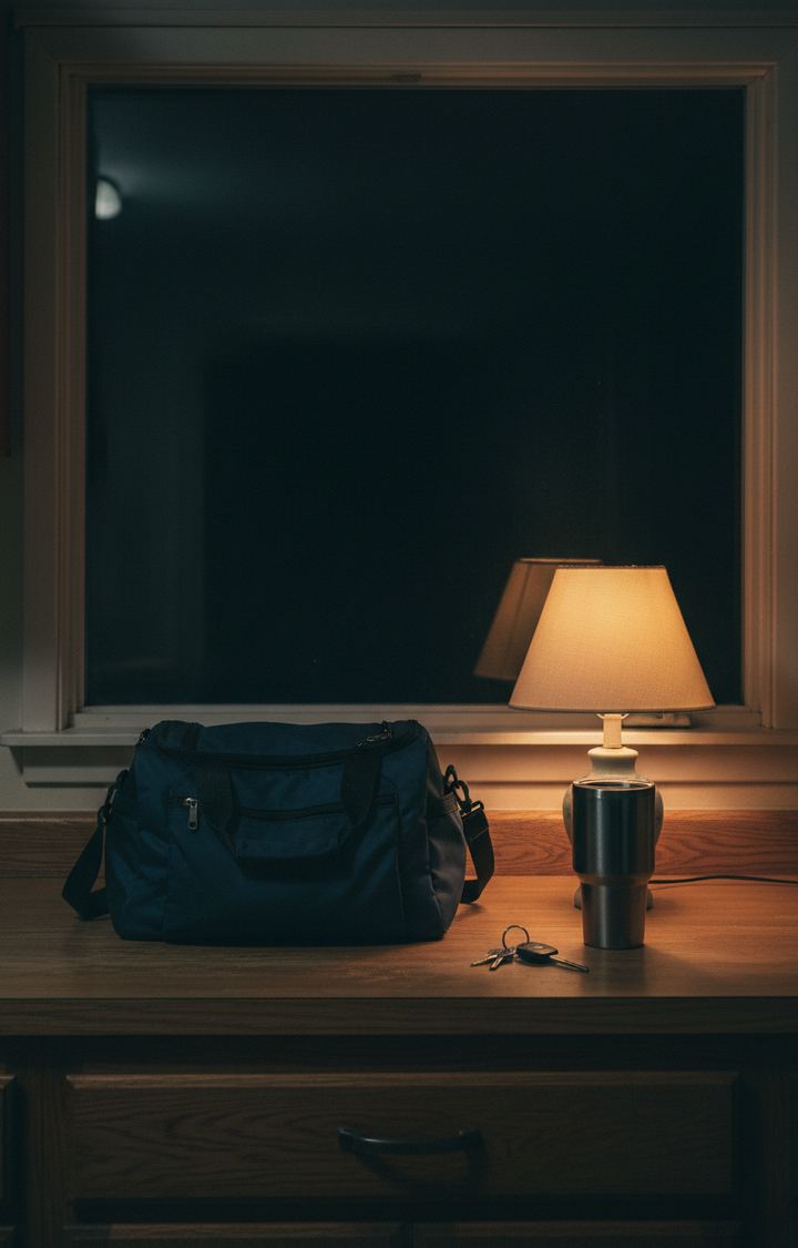 Packed travel bag, keys and a tumbler on a wooden dresser under a lamp beside a dark window at night