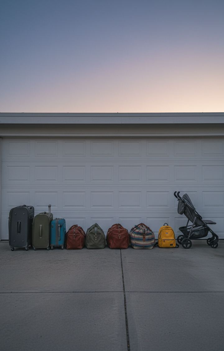 Suitcases, duffel bags, a yellow backpack and a stroller lined up before a white garage door at dusk