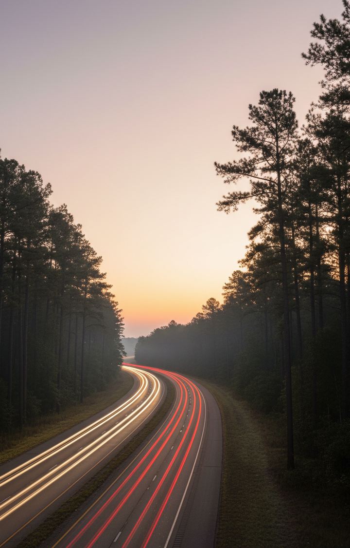 Headlight and taillight trails curve along a divided highway through pine woods under a pale dawn sky
