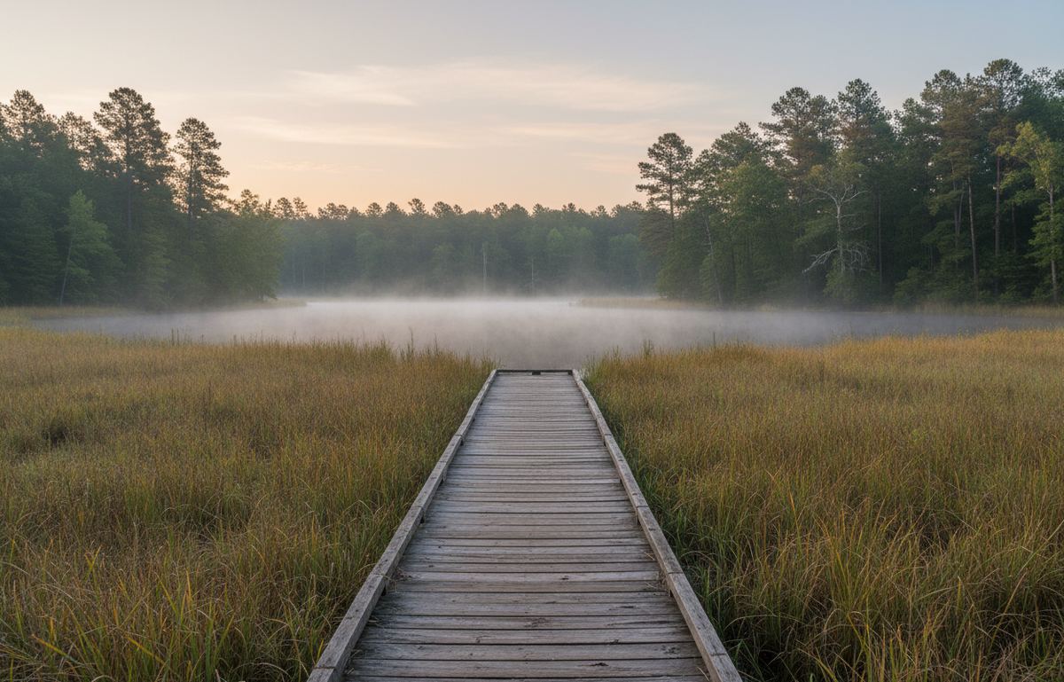 Wooden boardwalk crossing a marsh of tall grasses toward a misty lake ringed by pines at dawn