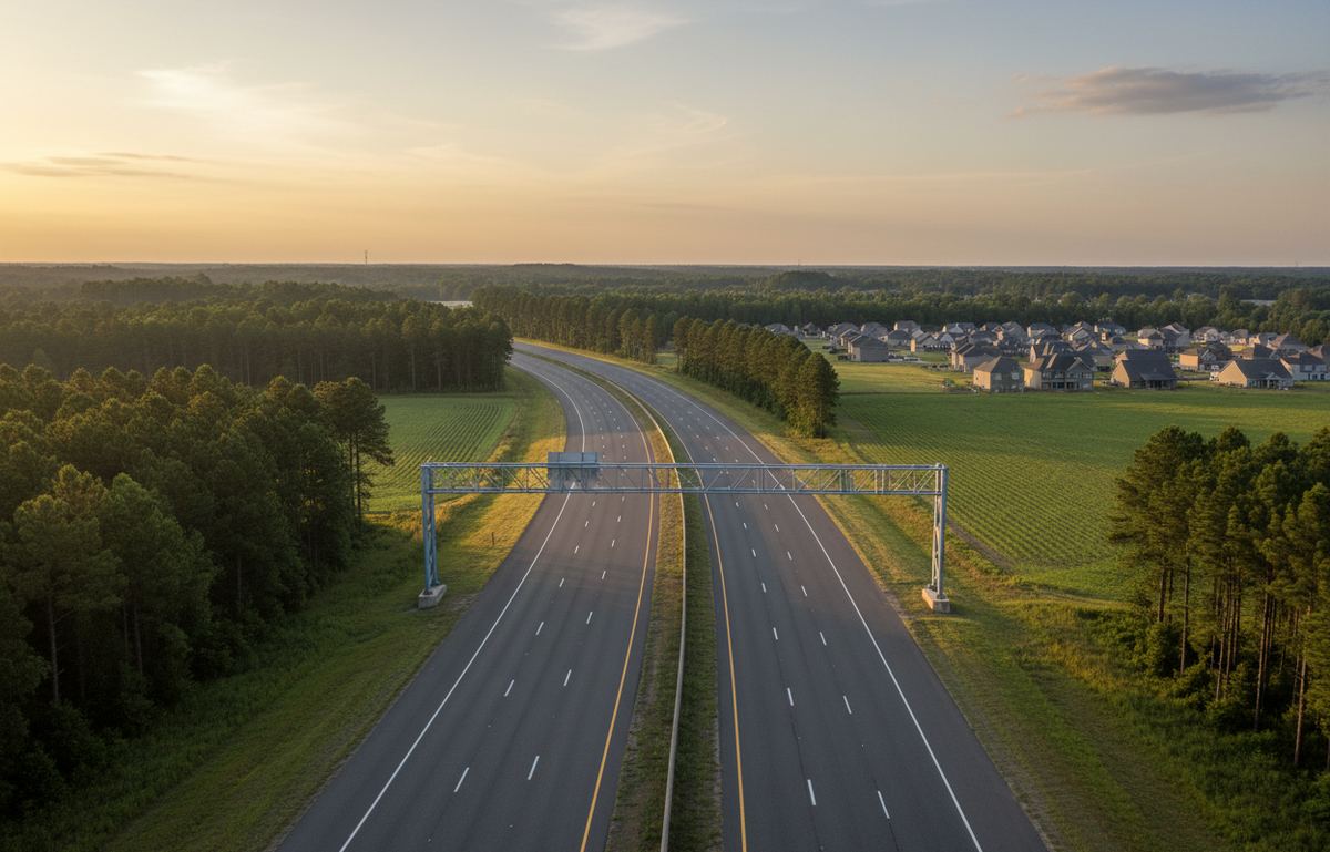 Empty divided expressway with an overhead gantry passing pine woods, open fields and a new housing subdivision at sunset