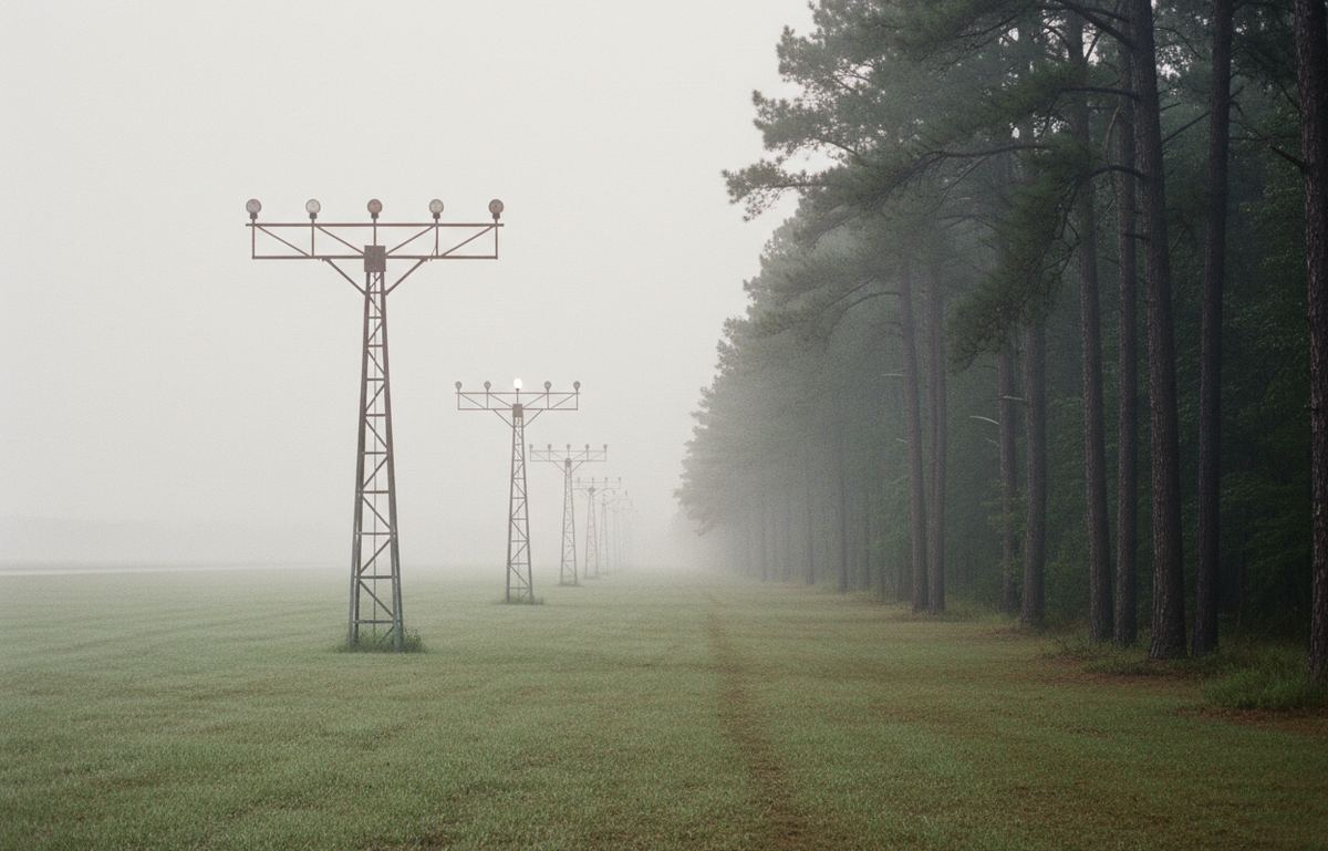 Steel approach light towers stand in a foggy grass field beside a line of tall pine trees