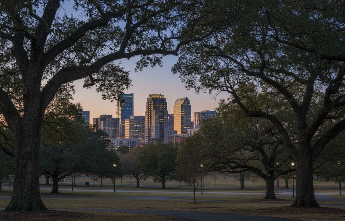 Downtown glass towers at dusk framed by large spreading oaks in a park with lit lamp posts