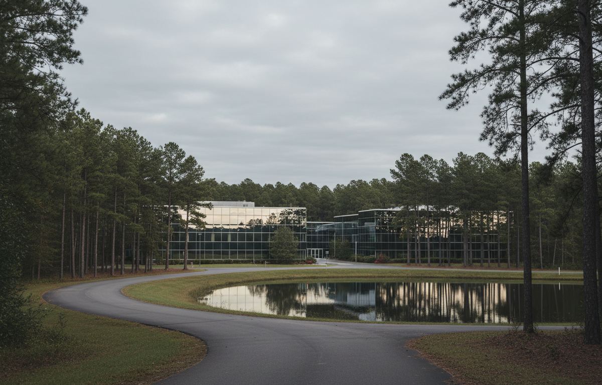 Glass office buildings among tall pines, with a curving driveway and a reflecting pond under an overcast sky